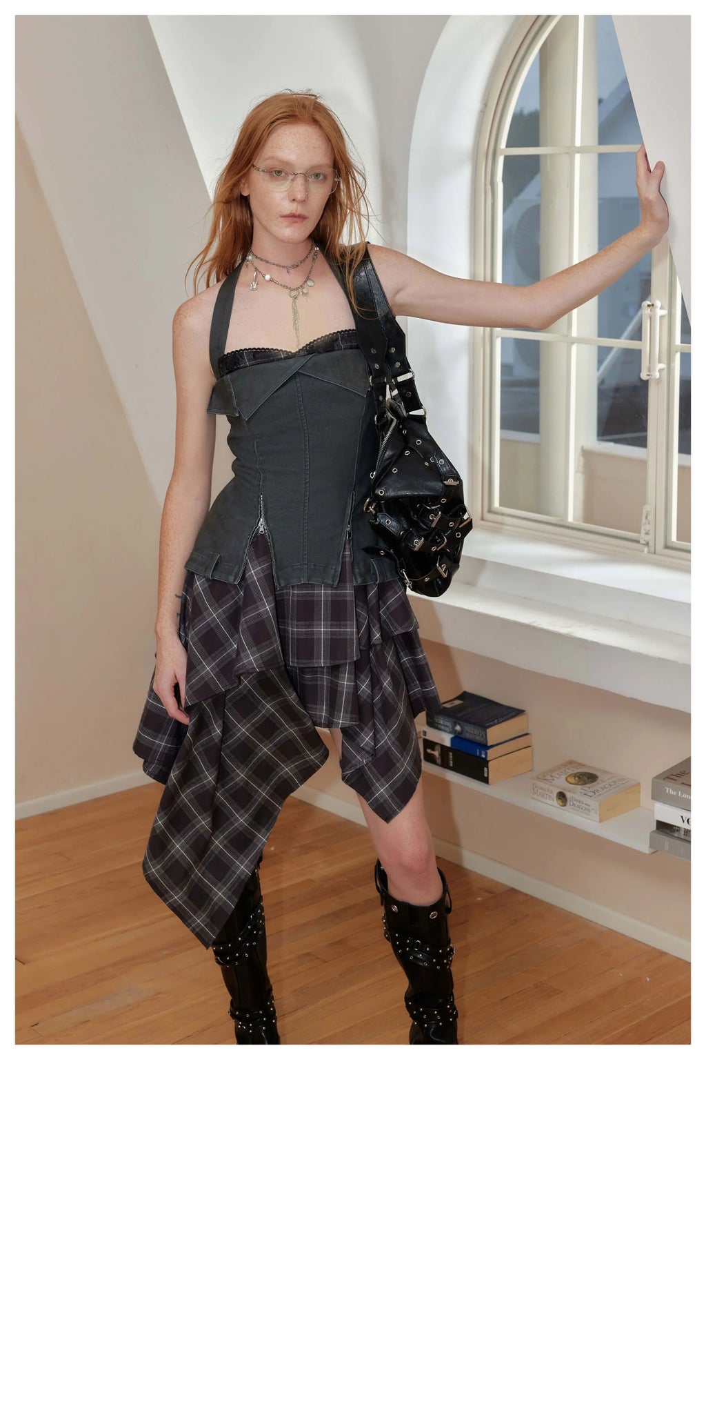 2th Desire Retro Old Checked Leather Neck Dress