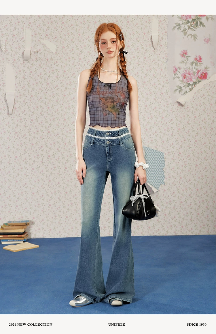 UNIFREE Double Waist Lace Stitching Slim Fit Jeans