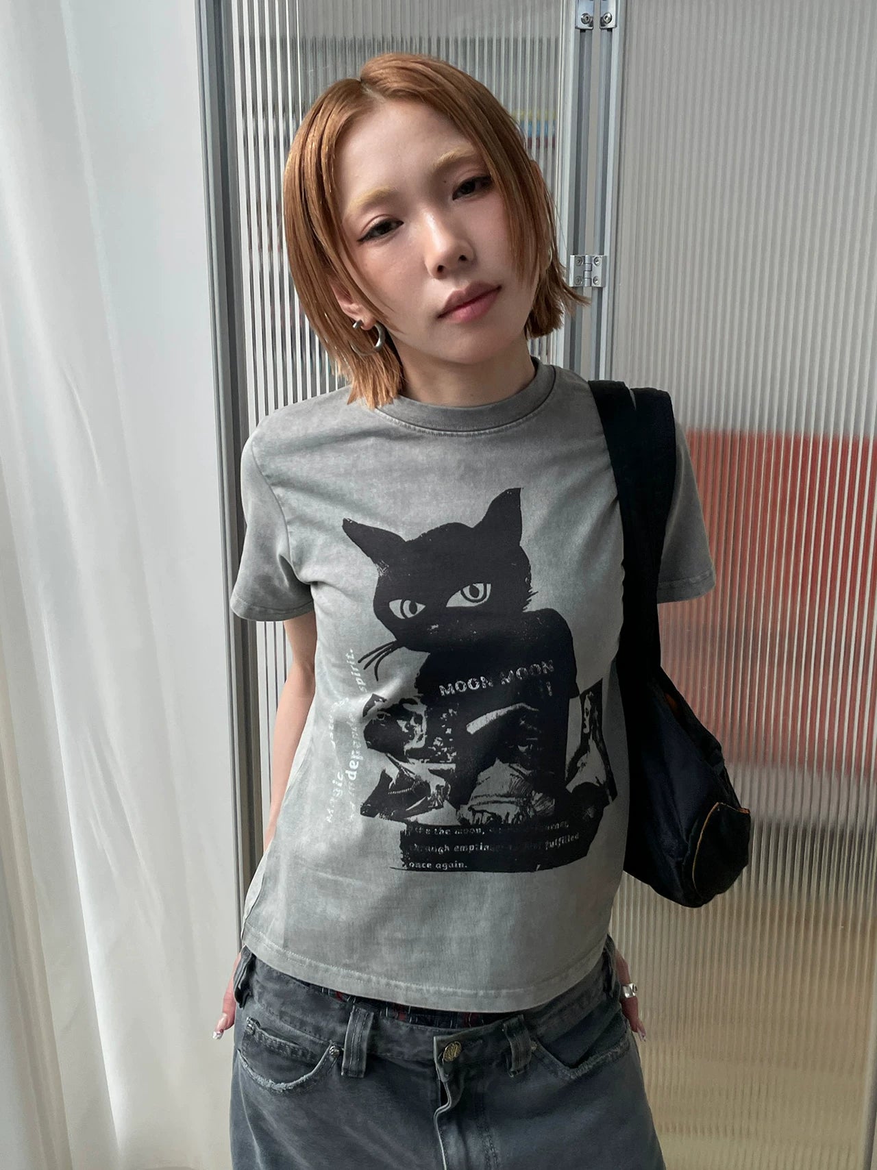 MMBBT Black Cat Print Casual Short Tee
