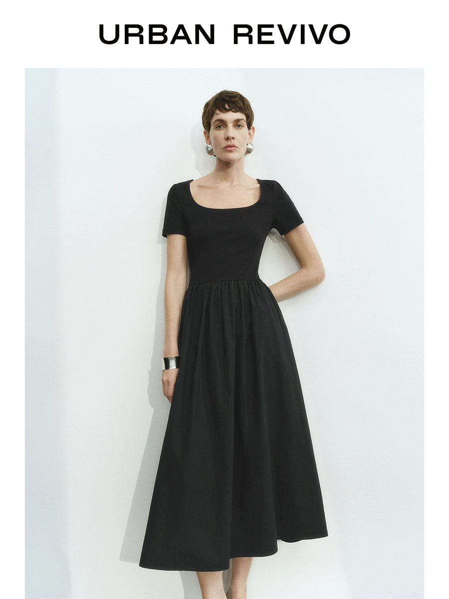 URBAN REVIVO Simple Stitching Slim-fitting Short-sleeved Dress
