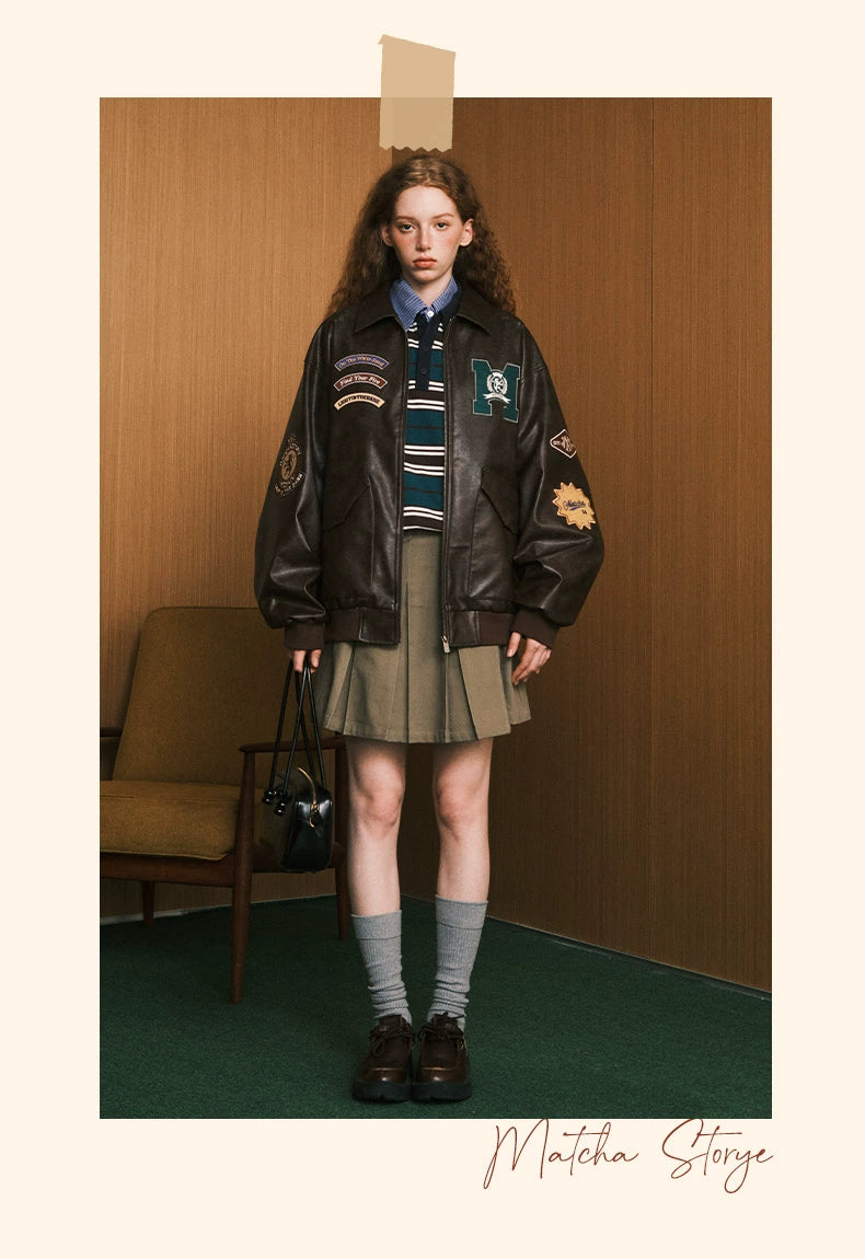 MATCHA STORY Badge Embroidered Lapel Leather Jacket