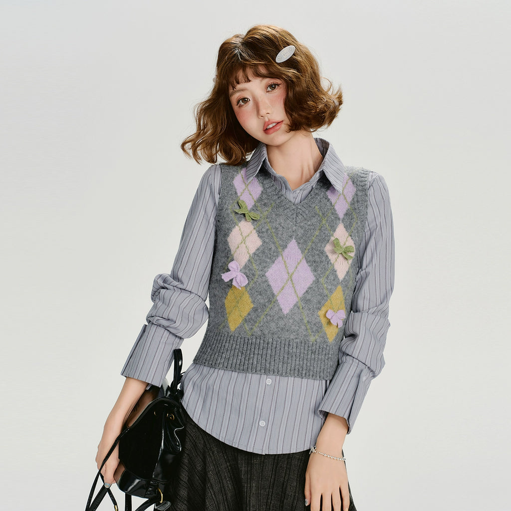 Girlyhalo Vintage Rhombus Bow V-Neck Vest