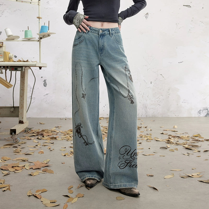 UNIFREE Long Sleeve Slash Shoulder Printed Chain Wide Leg Straight Floor Mopping Jeans