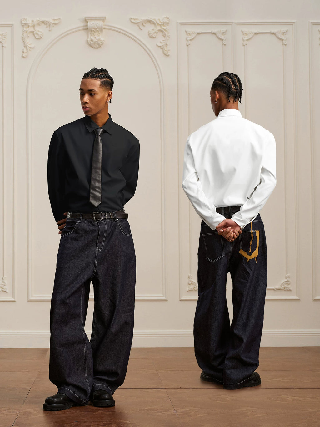 YADcrew Glitter Frosted Leather Dissolved Pocket Straight Pants