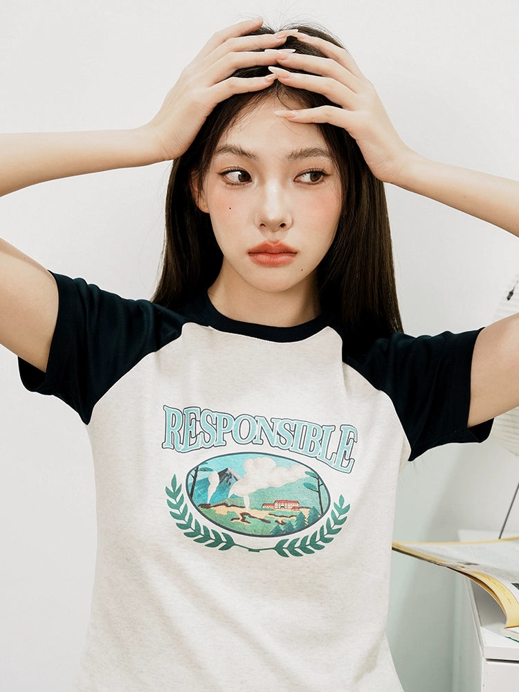 RPB BRAND Straight Shoulder Contrast Color Ragglar Sleeve Slim Tee