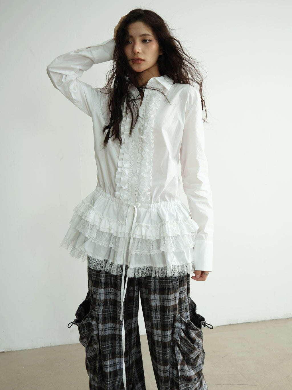 JNYLON Lace Skirt Waist-strapped Long Shirt