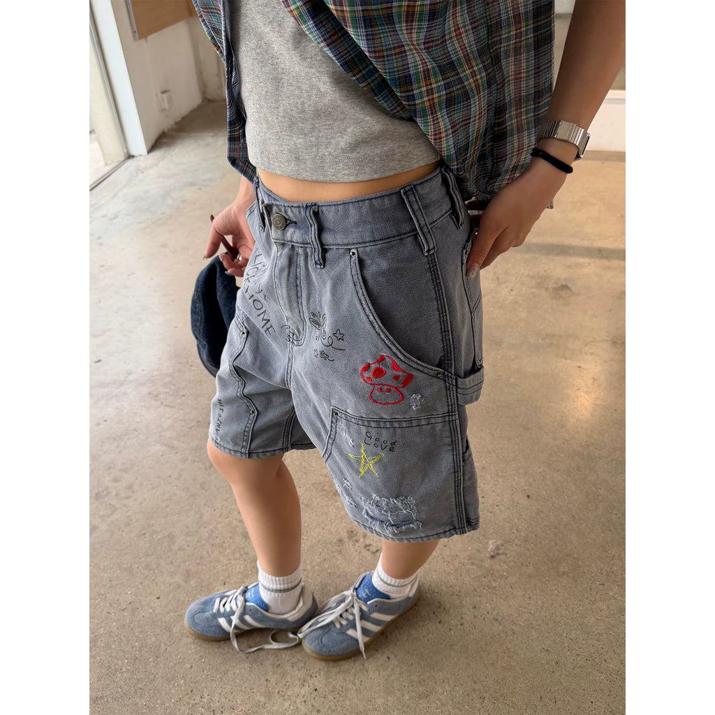 CCYE Embroidered Print Frayed Denim Shorts