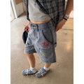 CCYE Embroidered Print Frayed Denim Shorts