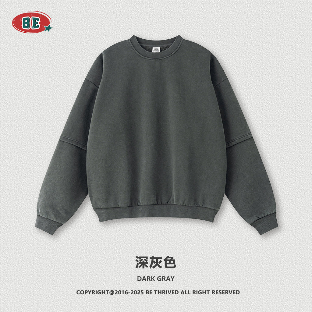 BE Old Splicing Fake Two-piece Crew Neck Fleece Sweater