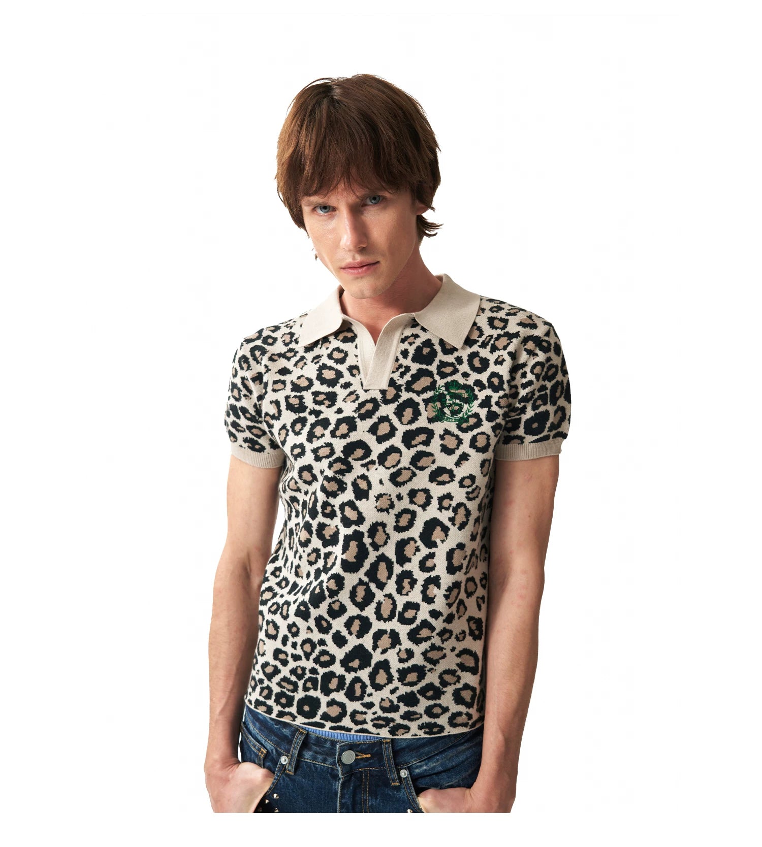 NumbAsia Embroidered Leopard Print Jacquard Sweater Polo Shirt