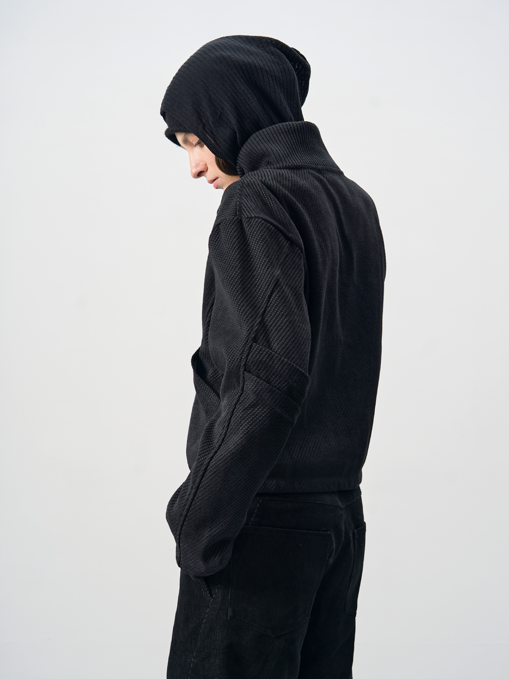 BEVAN UP Diagonal Cut High Lapel Textured Short Jacket