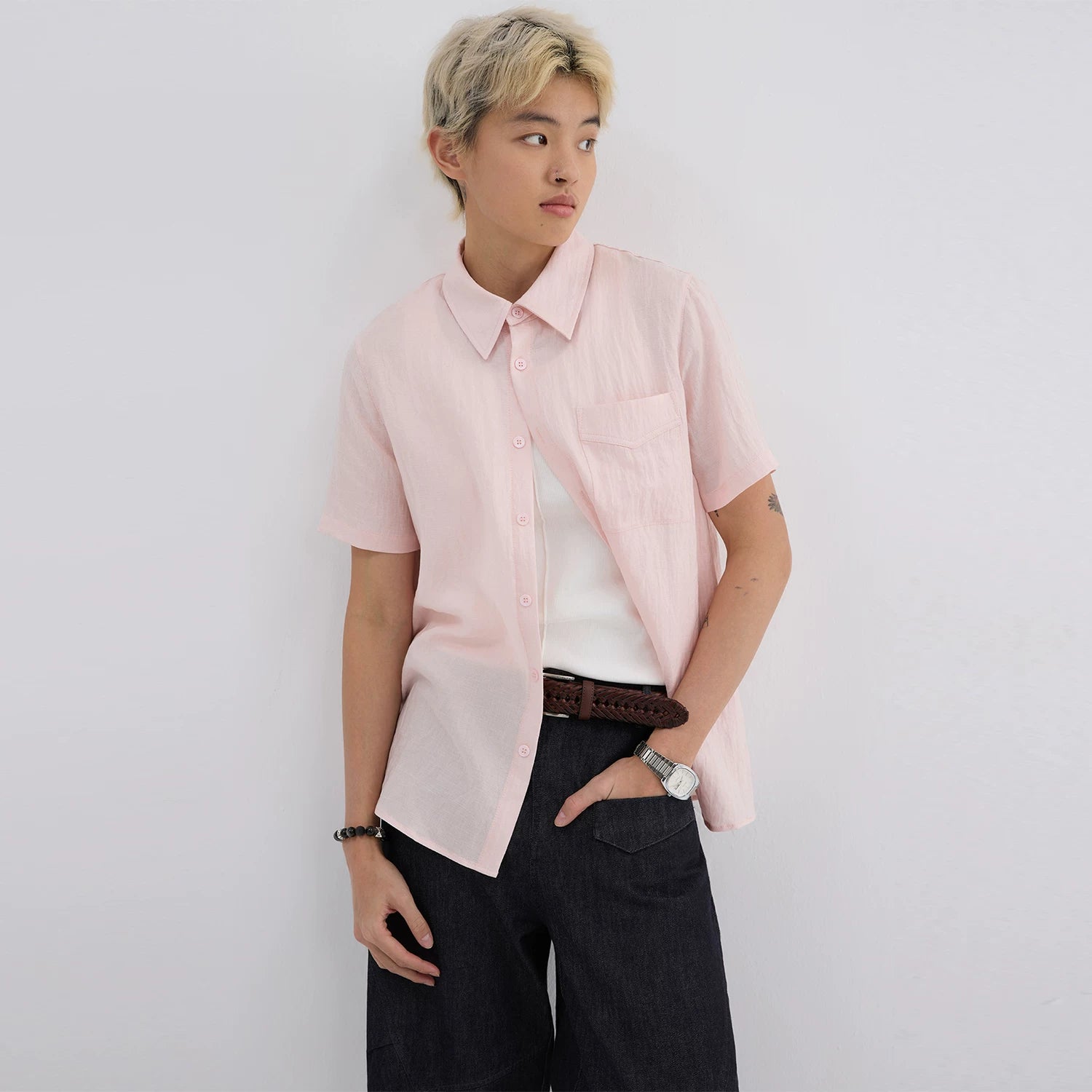 Sameuoo Detachable Collar Casual Short-sleeved Shirt