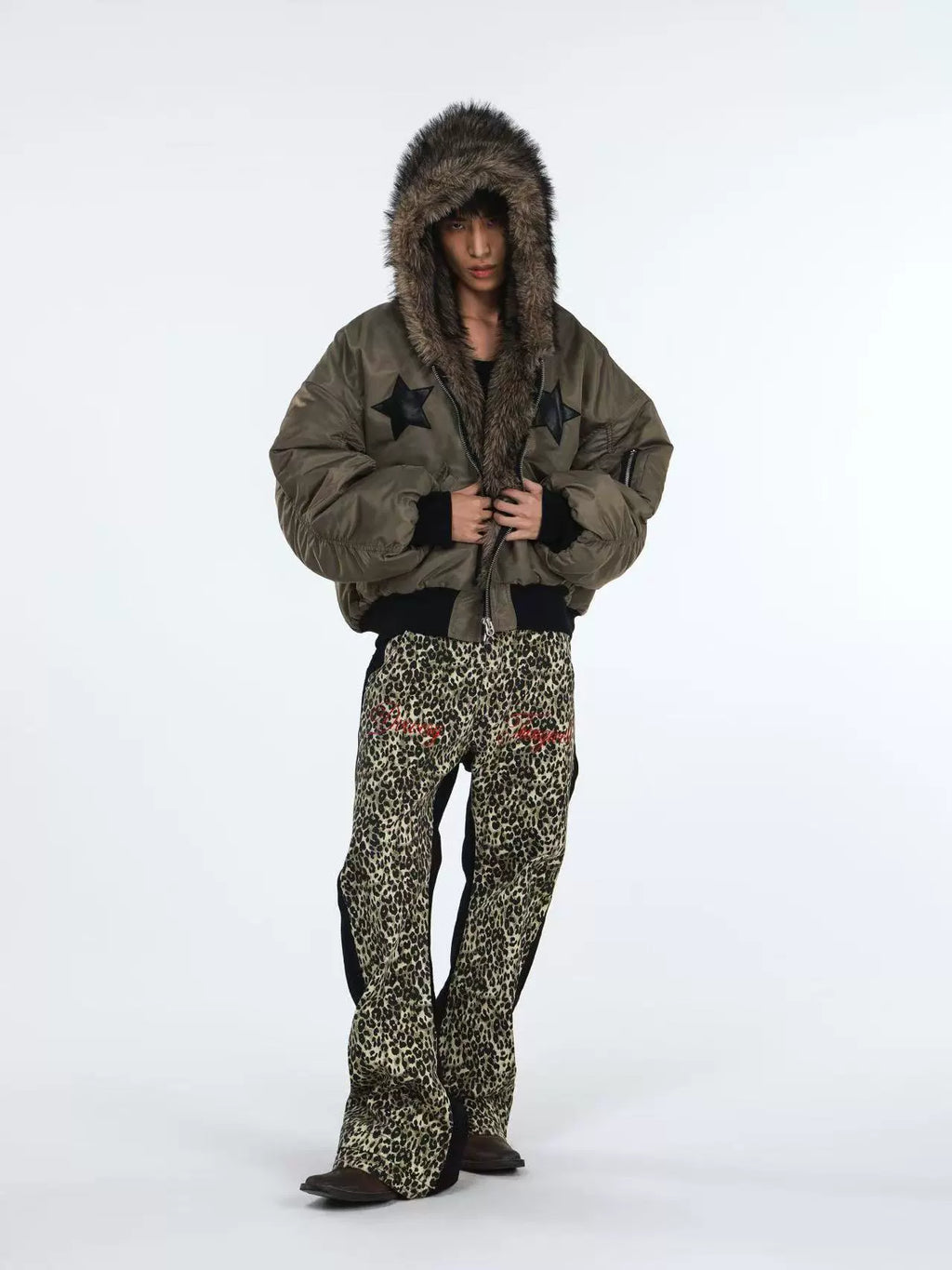 DETW Five-pointed Star Fake Two-piece Fur Collar Hooded Cotton Dress