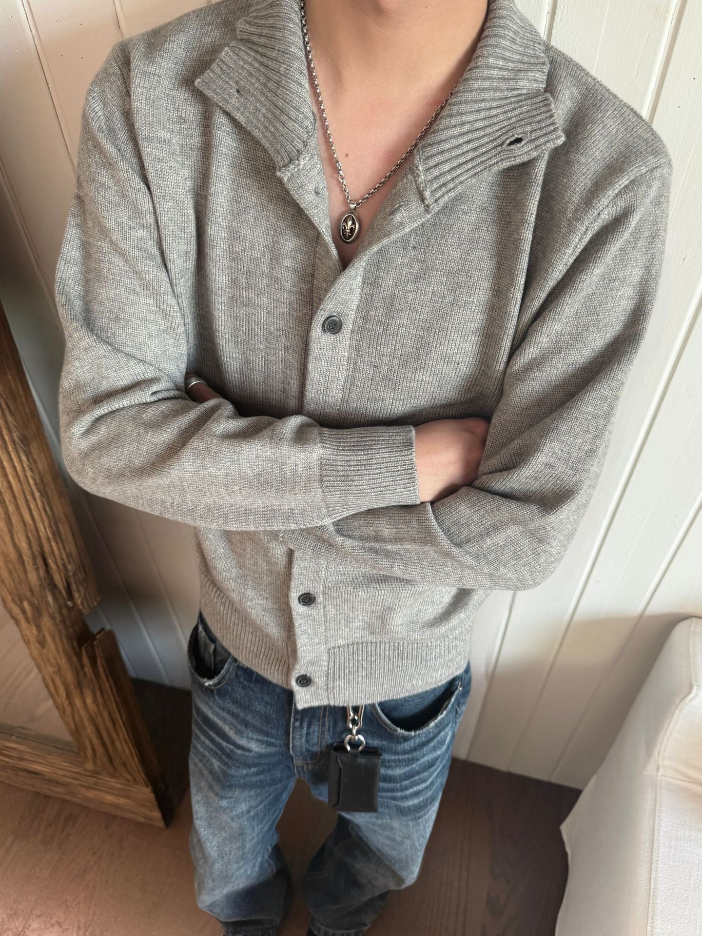 EME Knitted Ribbed Stand-up Neck Cardigan Sweater