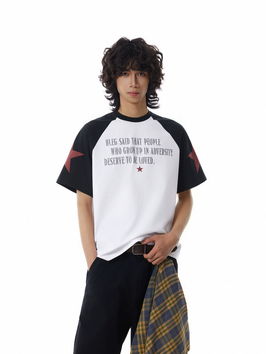 BTSG Red Star Slogan Splicing Rough Sleeve Tee