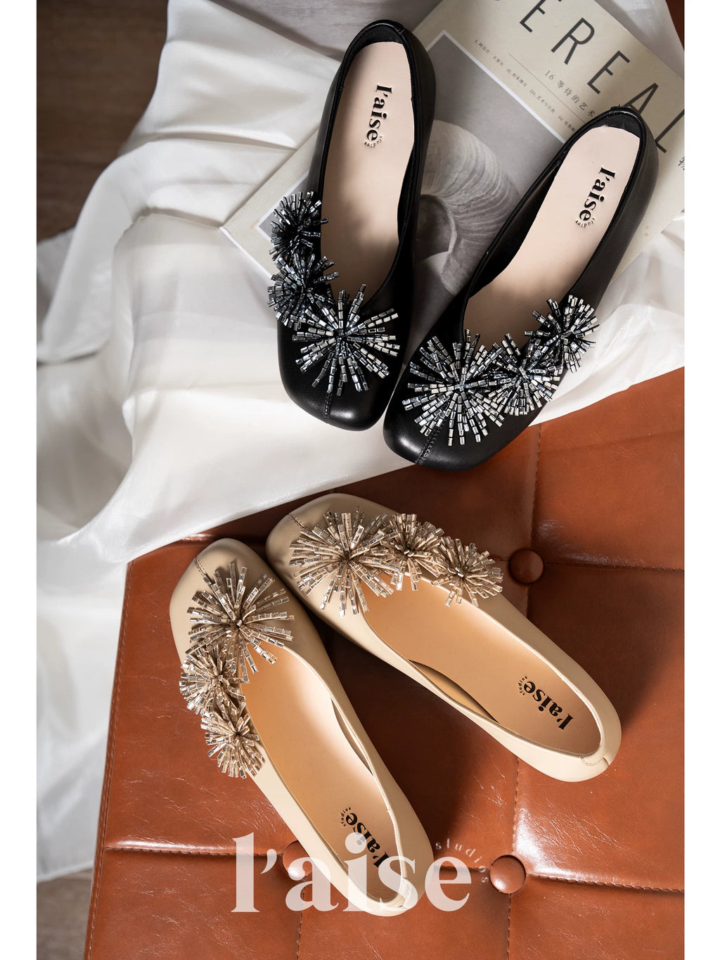 L'aise Square Head Rhinestone Soft-soled Shoes