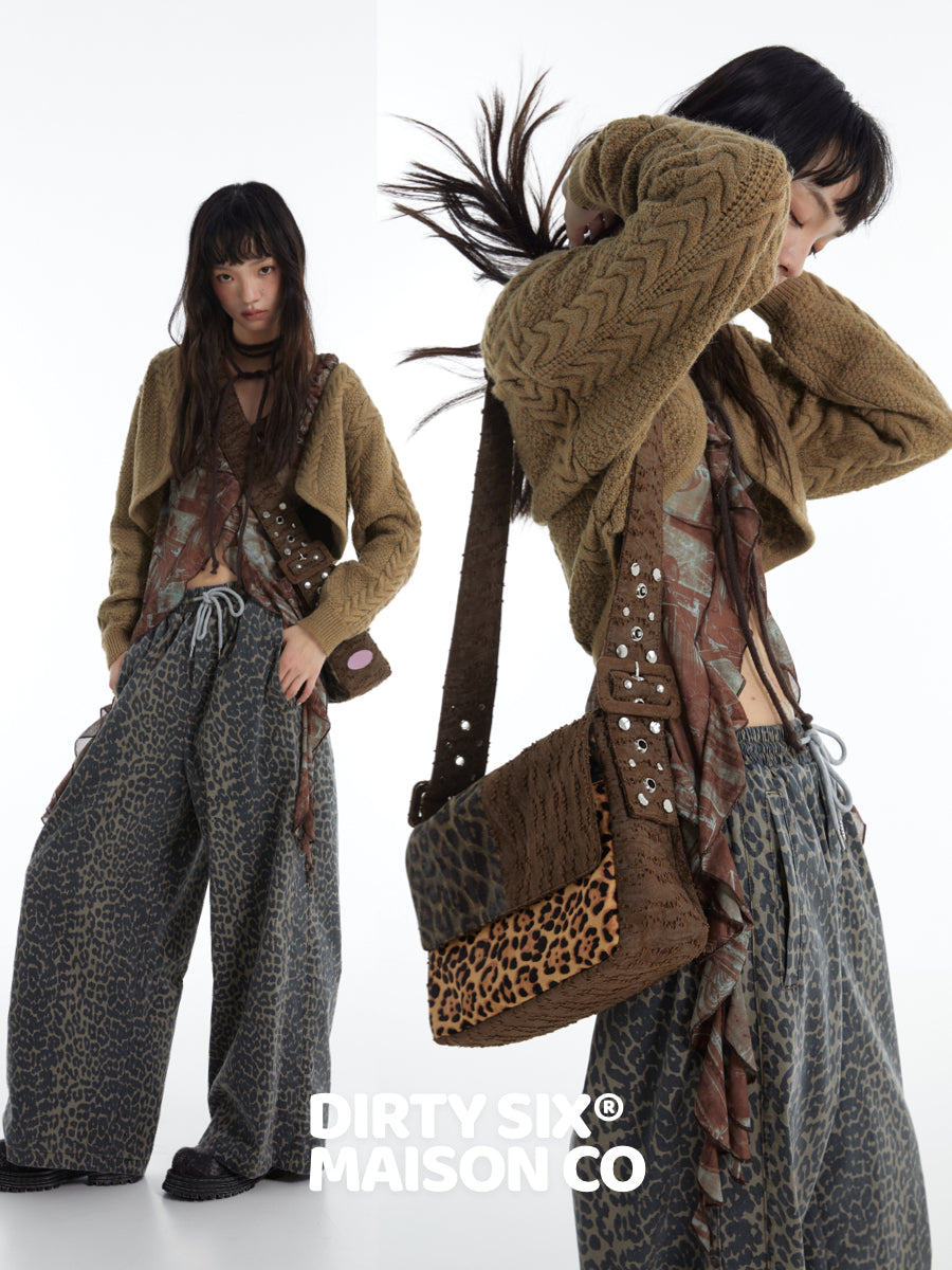 DirtySix "rahrah! Jaguar!" Ah Leopard messenger cow fur bag