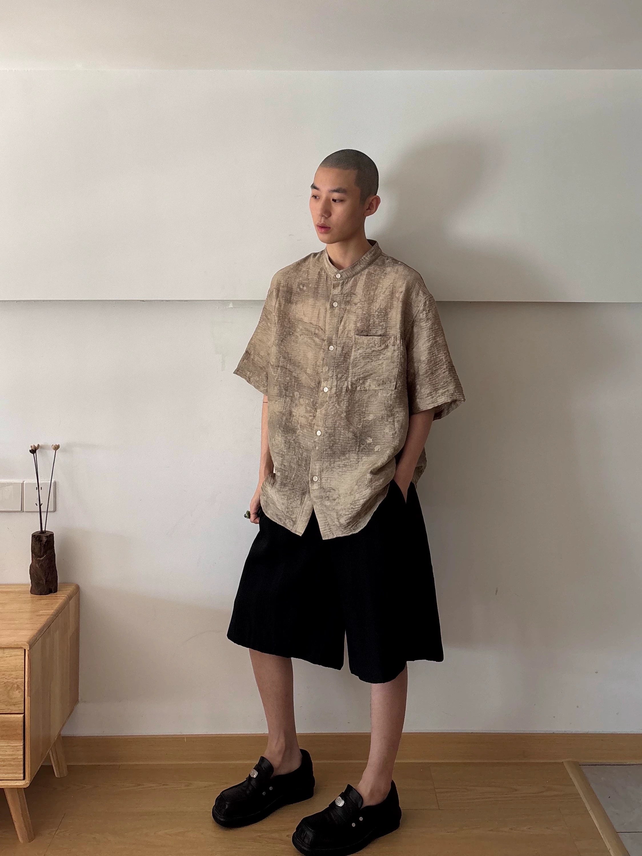 Imdelusion Tencel Retro Printing Tie-dye Gradual Change Pleated Stand-up Collar Shirt