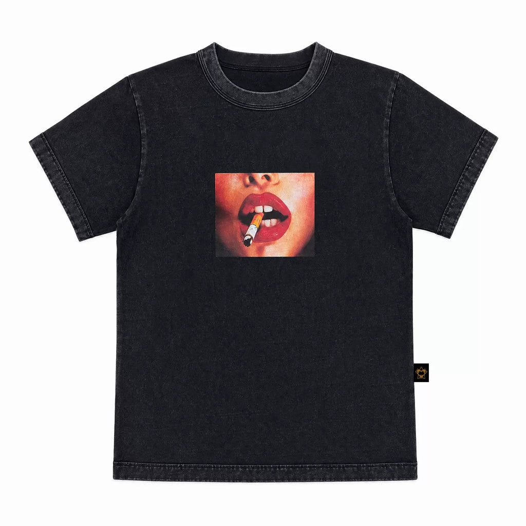 MMBBT Red Lip Print Flower Front Shoulder Embroidery Tee
