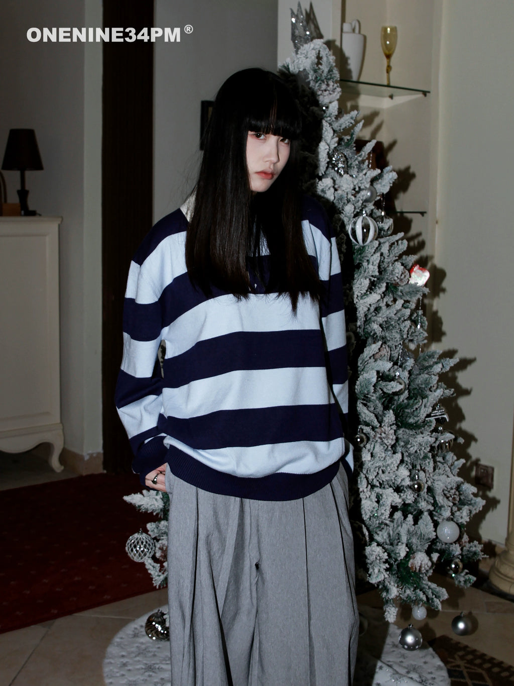 ONENINE34PM Elegant Luxury Striped Polo Shirt