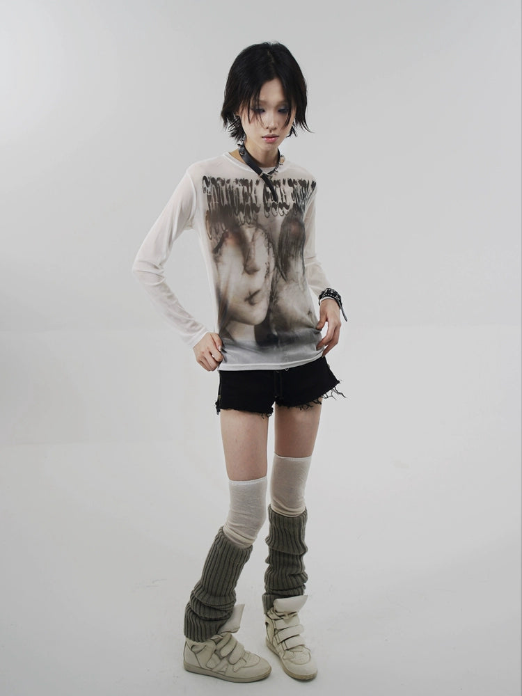 WEBBAR Original Goth Emo Artist Joint Long-sleeved Mesh T-shirt