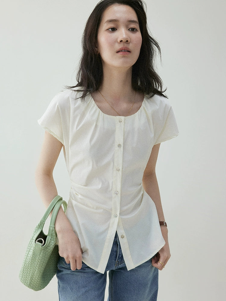 VOOE Crew Neck Waist Pleated Strap-on Shirt
