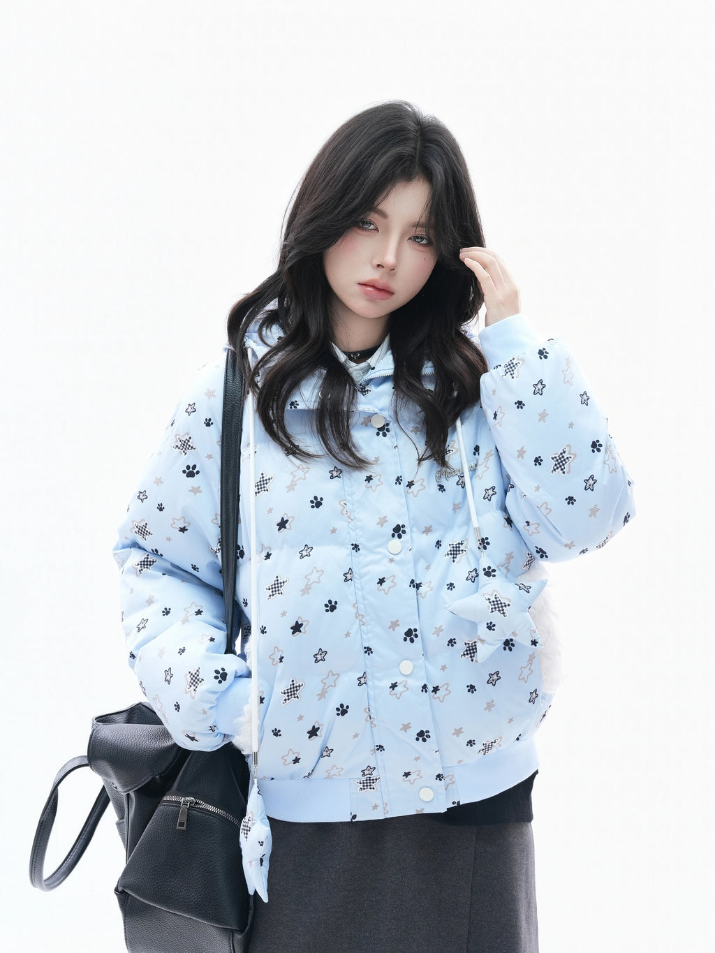 Zuocisankon Star Print Plush Hooded Cotton Coat