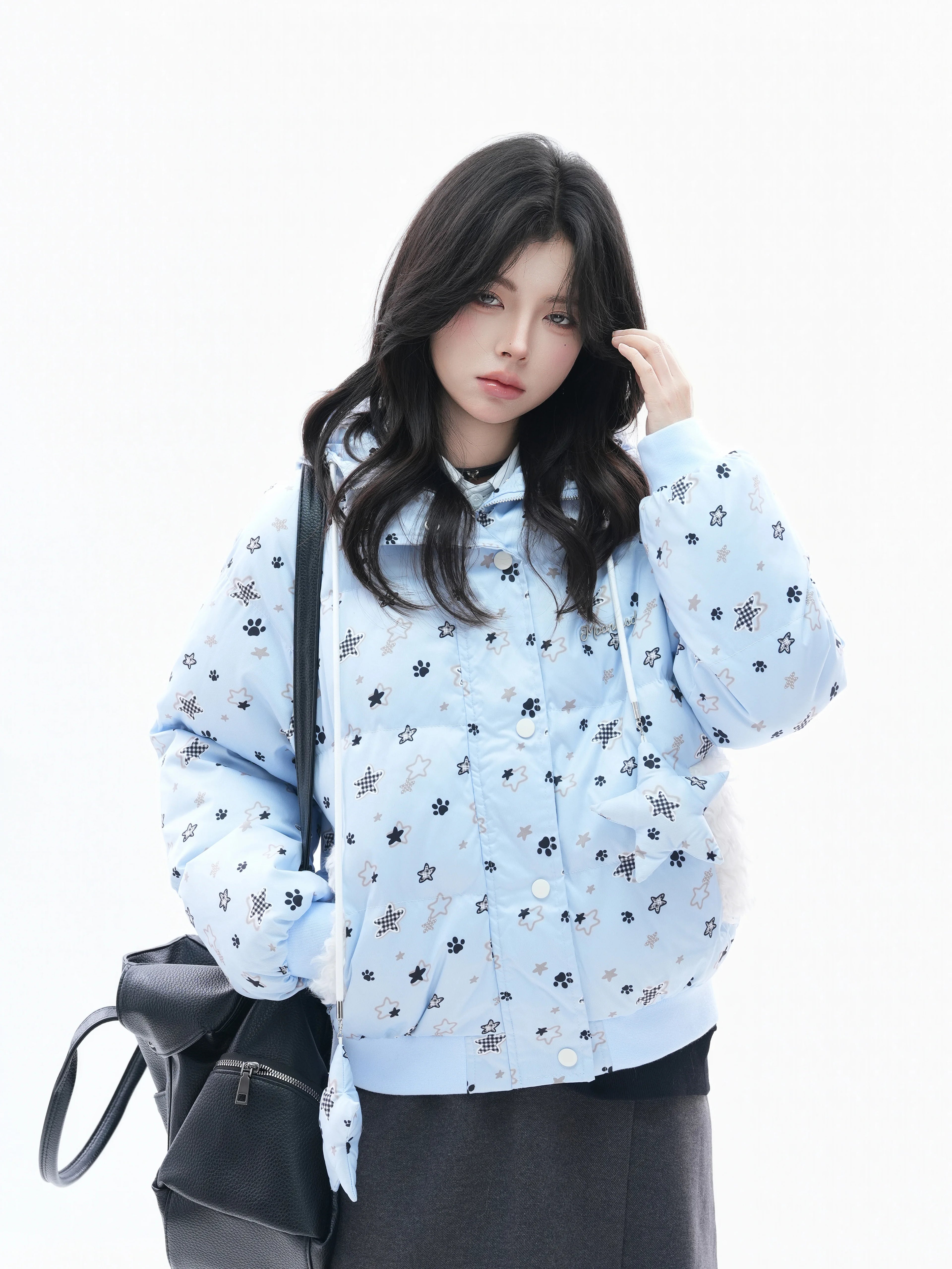 Zuocisankon Star Print Plush Hooded Cotton Coat