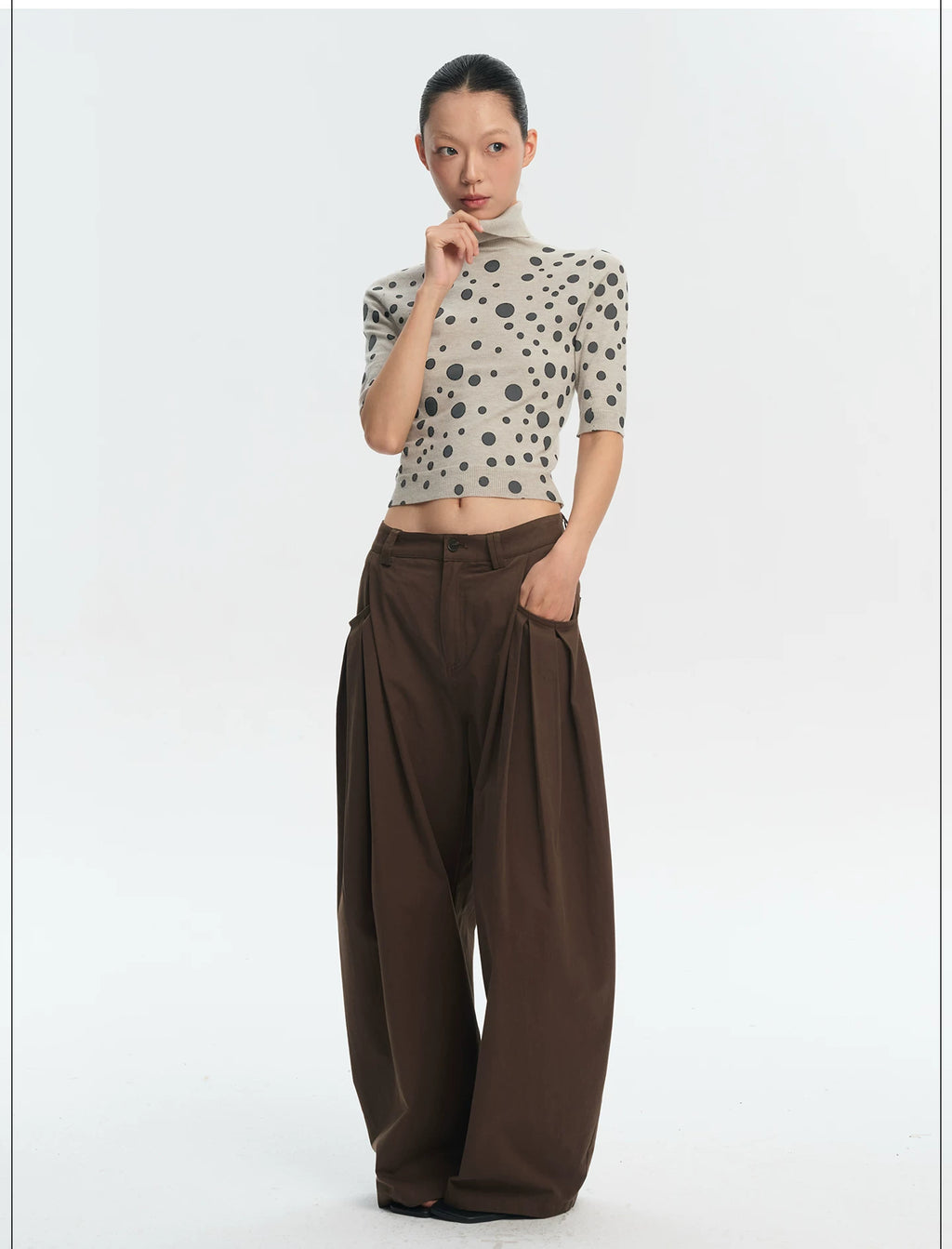 LINY LIBERTY Vintage Irregular Polka Dot Print Turtleneck Tee