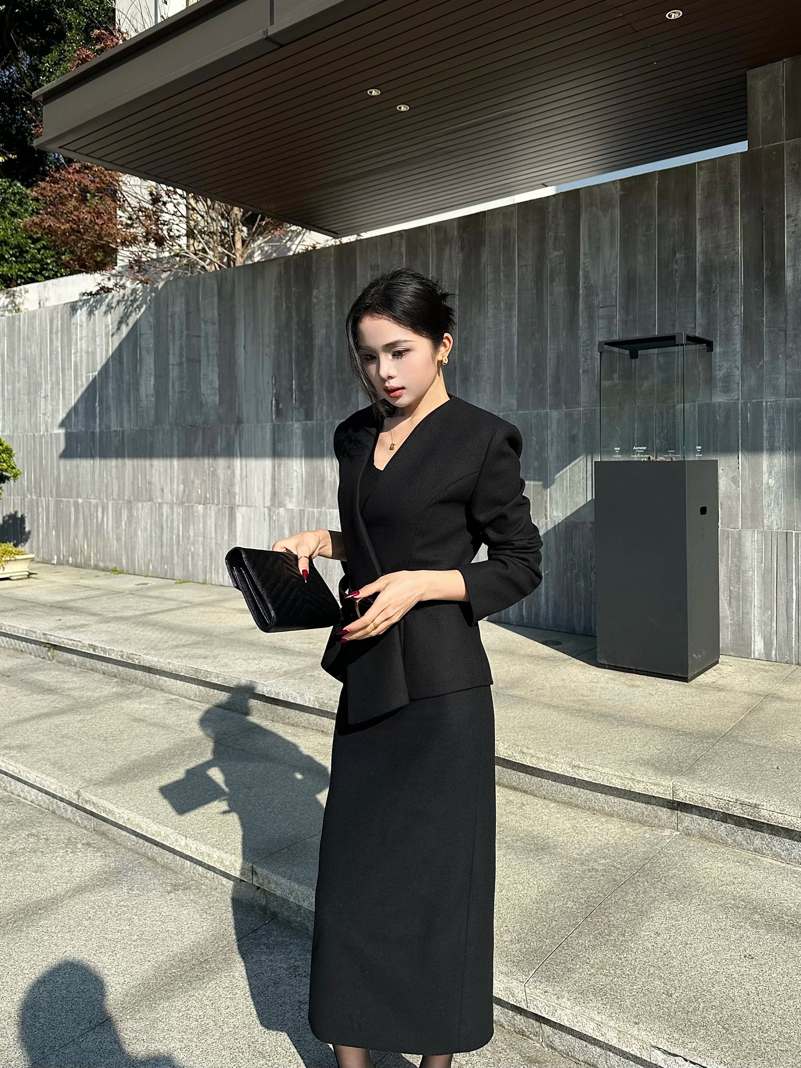 CHUYUQI Waist Suit Short Jacket Skirt Set