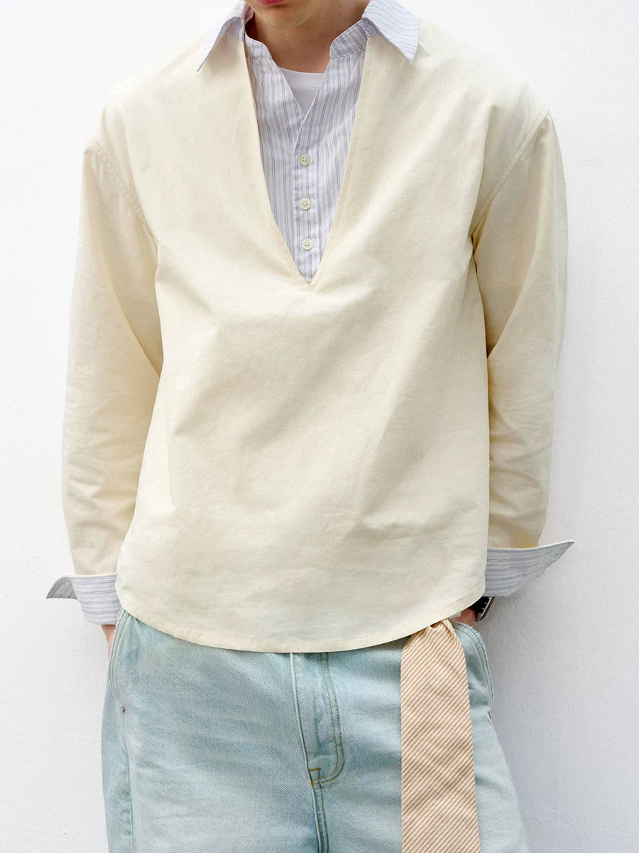 714Street linen blend V-neck fake two-piece shirt