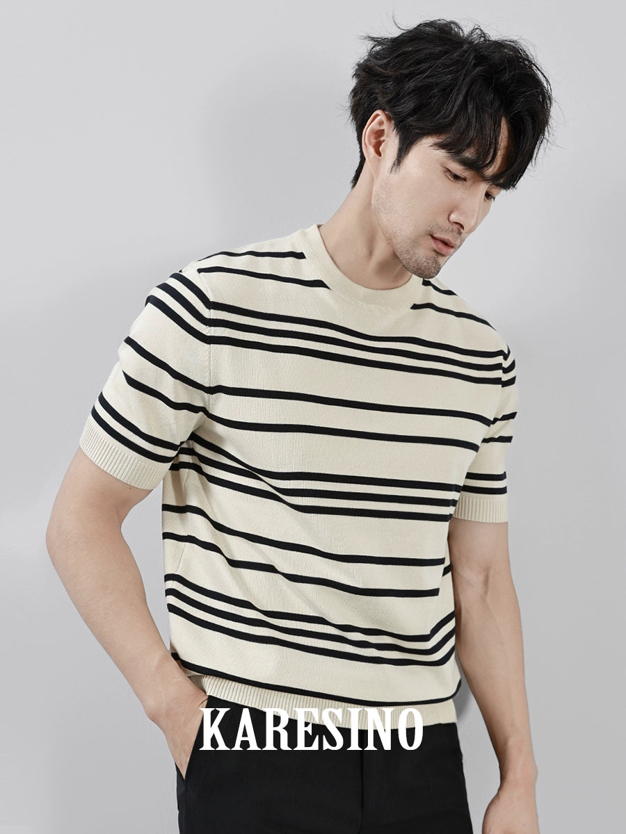 KARESINO Ice Silk Breathable, Striped Crew Neck Casual Tee
