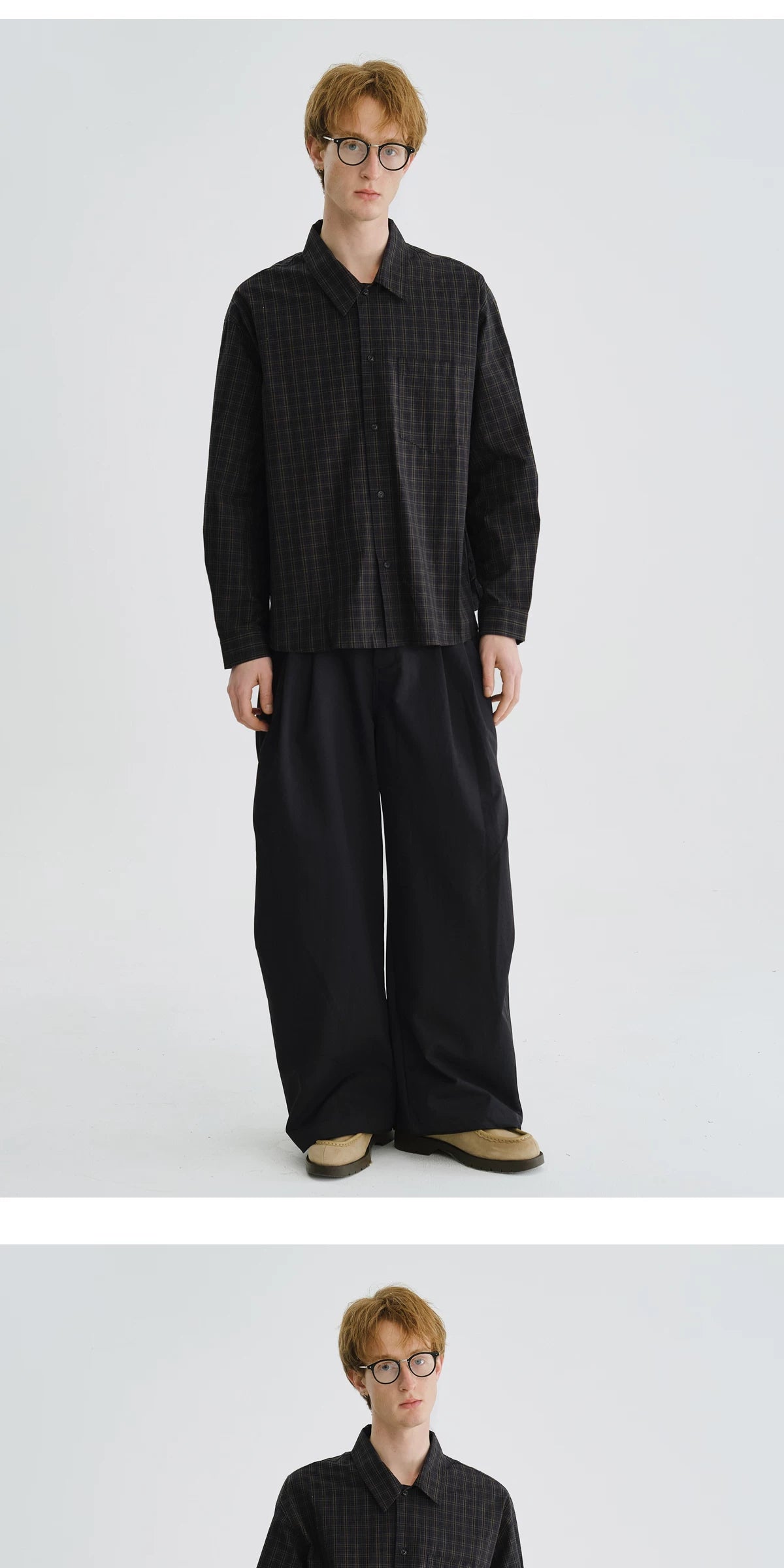 LIVINGTOWN Vintage Dark Check Loose Long-sleeved Shirt