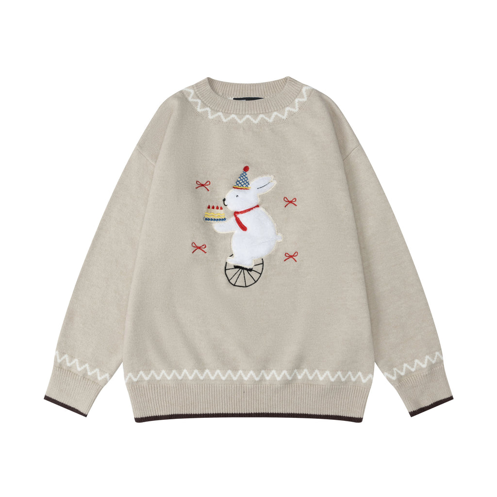 Zuocisankon Vintage Slack Embroidered Plush Rabbit Knitted Sweater