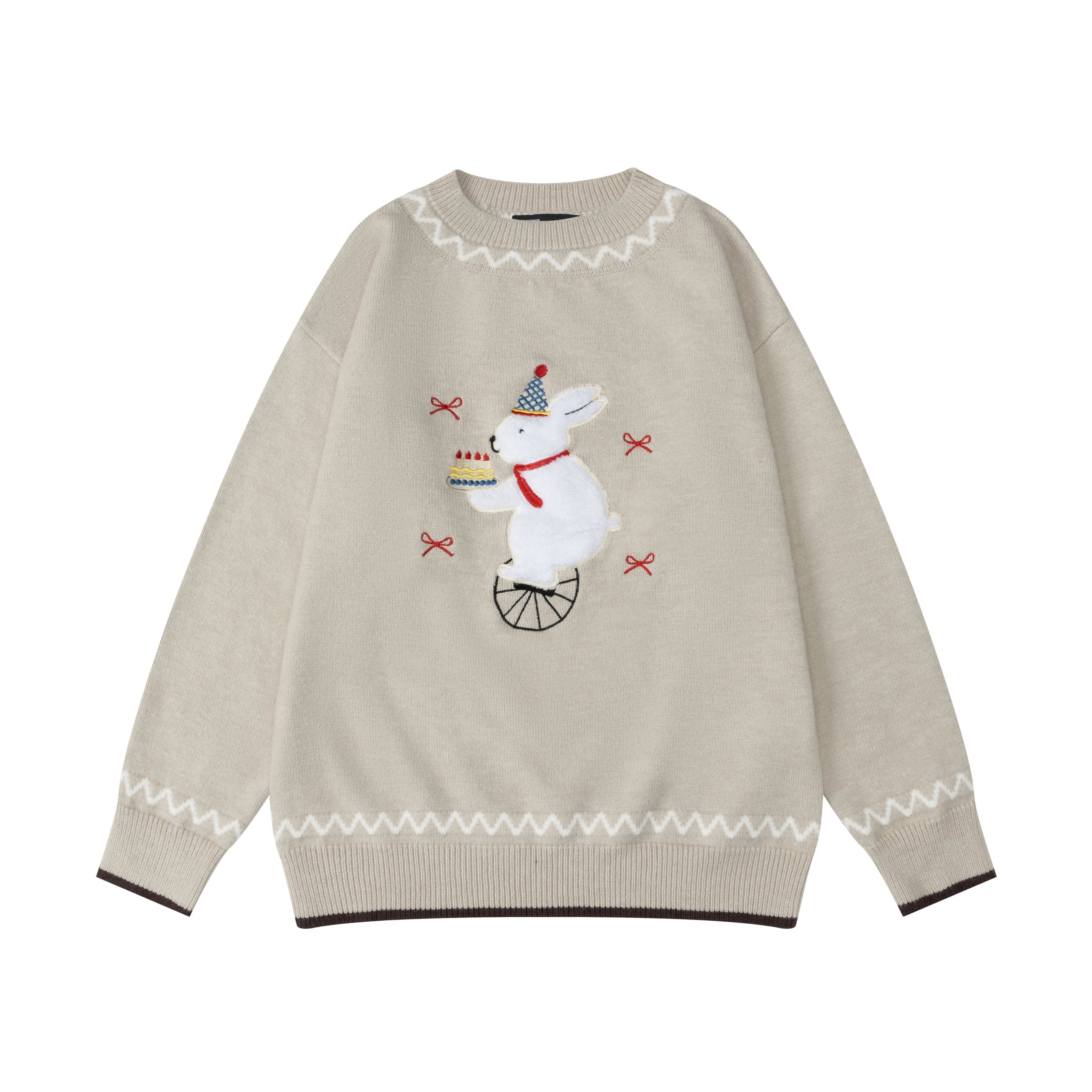 Zuocisankon Vintage Slack Embroidered Plush Rabbit Knitted Sweater