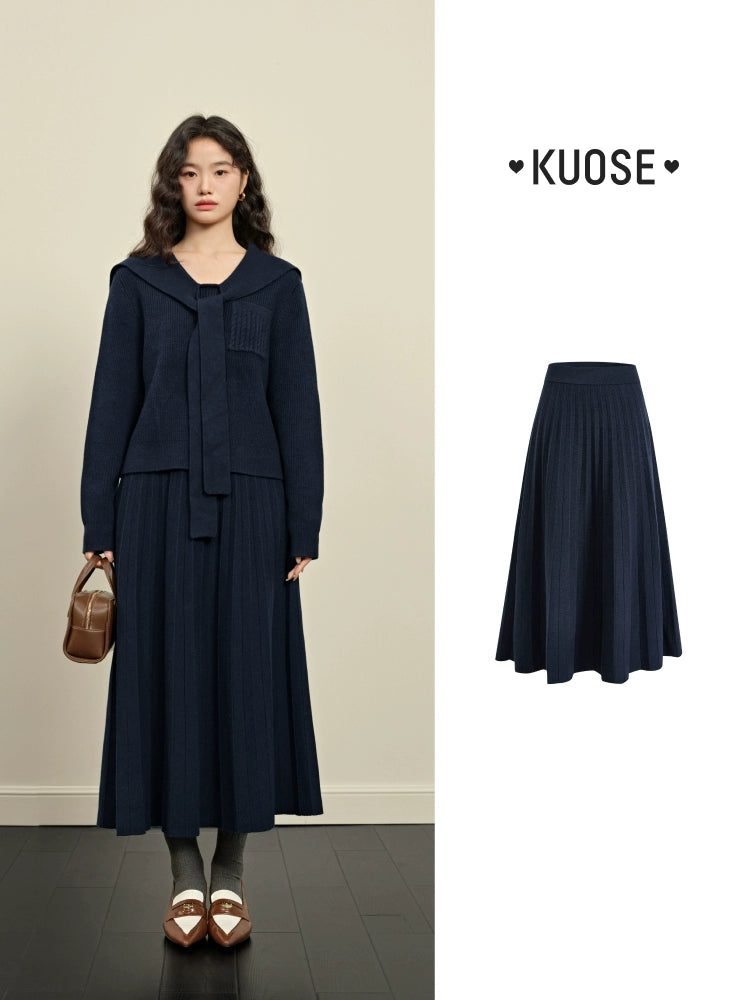 Kuose Navy Collar Top Sweater Knitted Two-piece Set