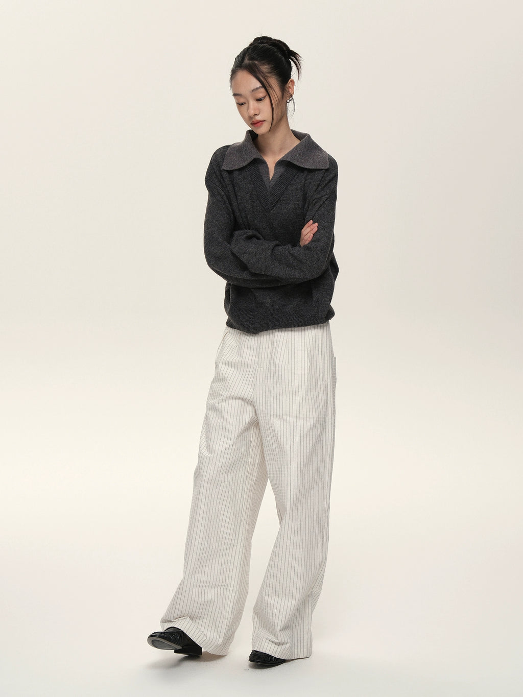 Set for Life V-neck Lapel Color Matching Thin Long-sleeved Sweater