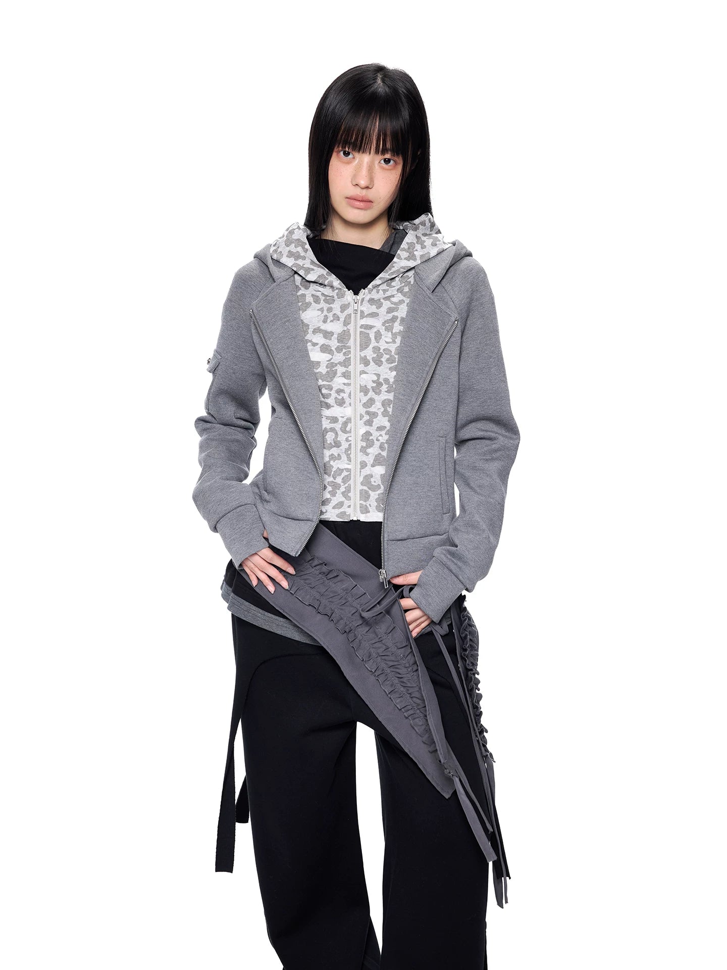 Ezek Faux Two-piece Leopard Print Hooded Cropped Jacket