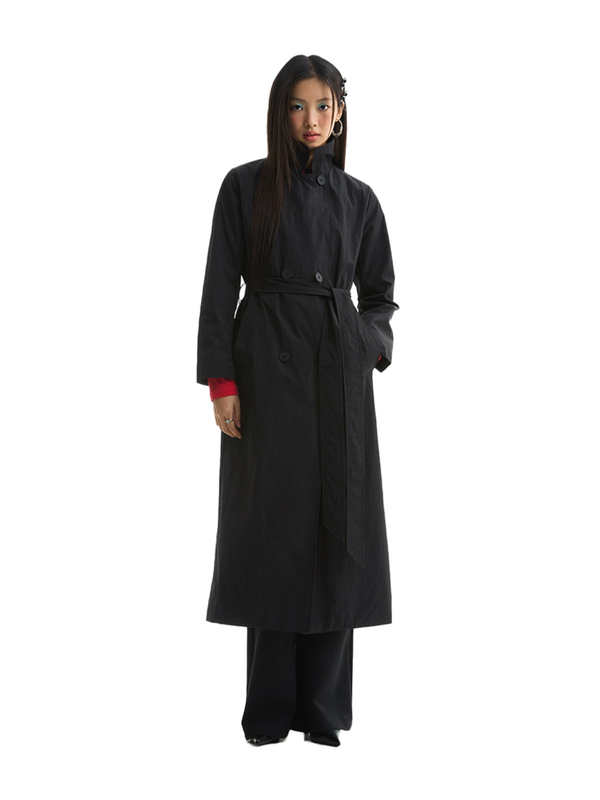 FUNKYFUN Double-breasted Stand-up Collar Loose Trench Coat