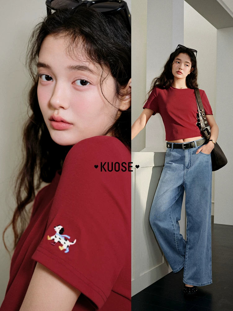 Kuose Crew Neck Embroidered Short Knitted Tee