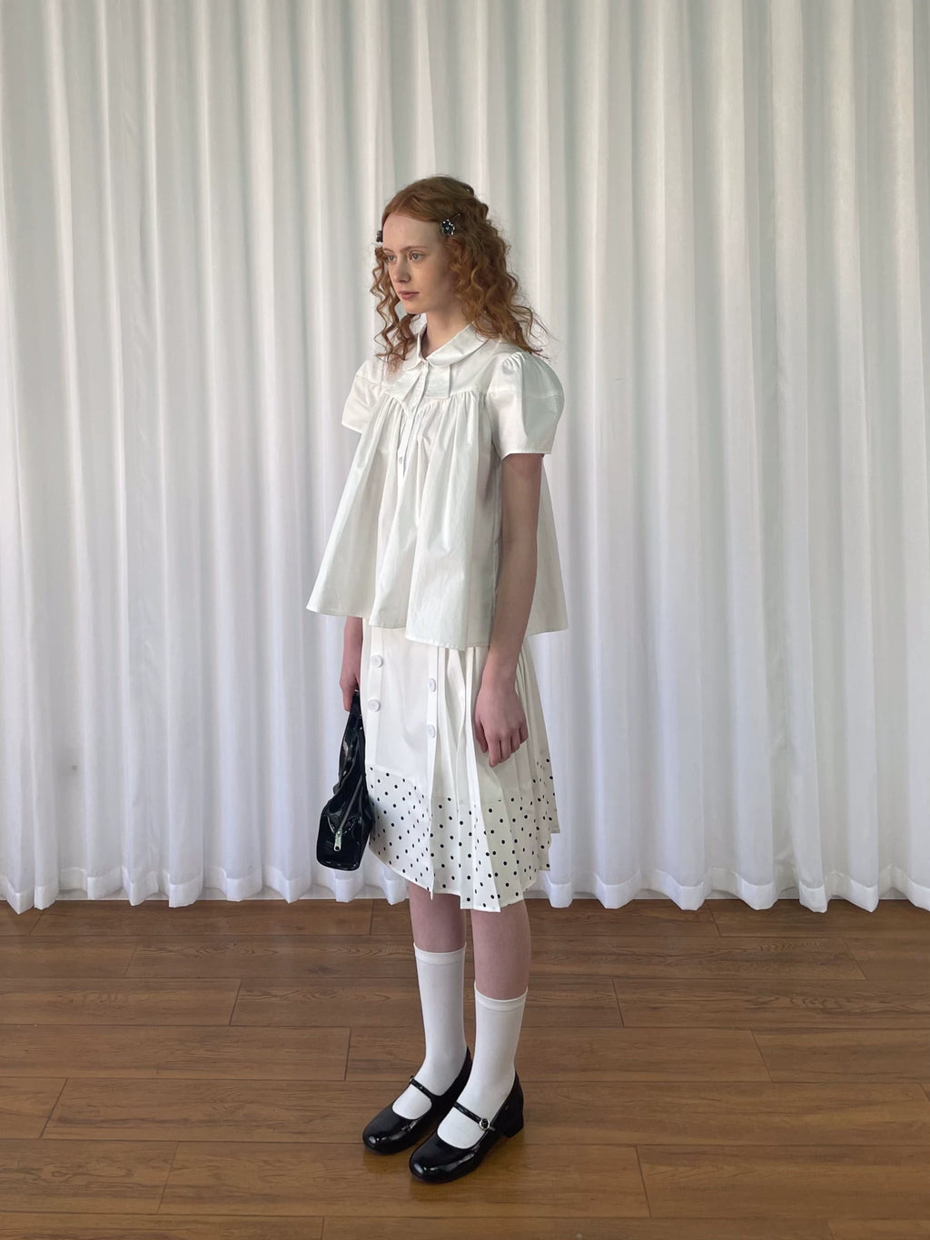 Loosesmell Double Breasted Splicing Polka Dot Crease Skirt