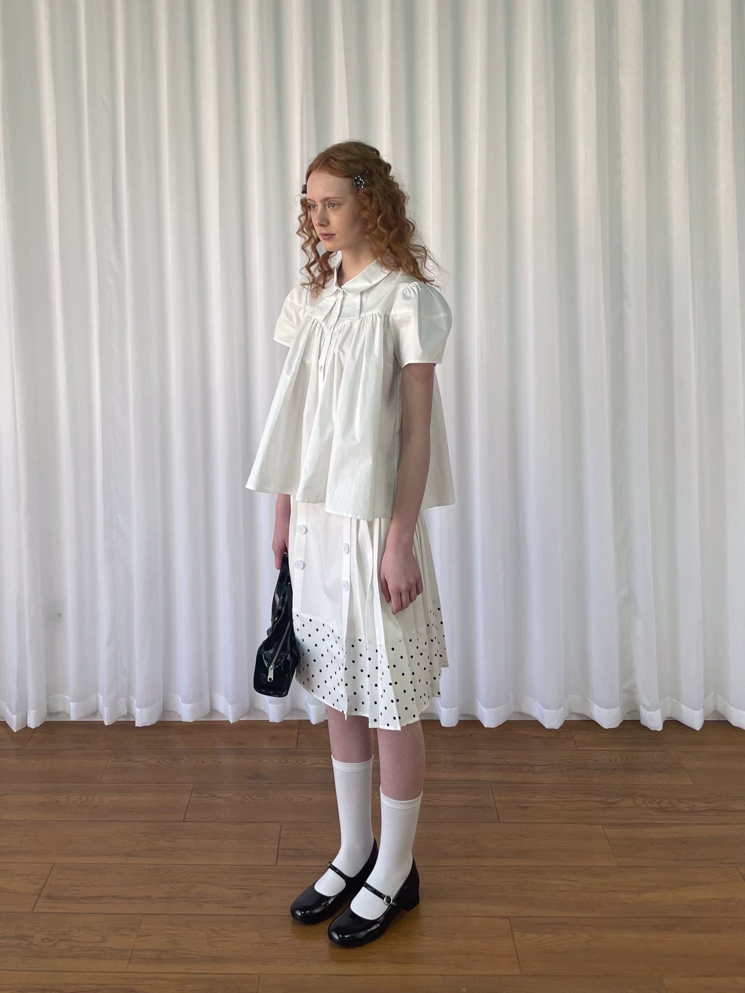 Loosesmell Double Breasted Splicing Polka Dot Crease Skirt