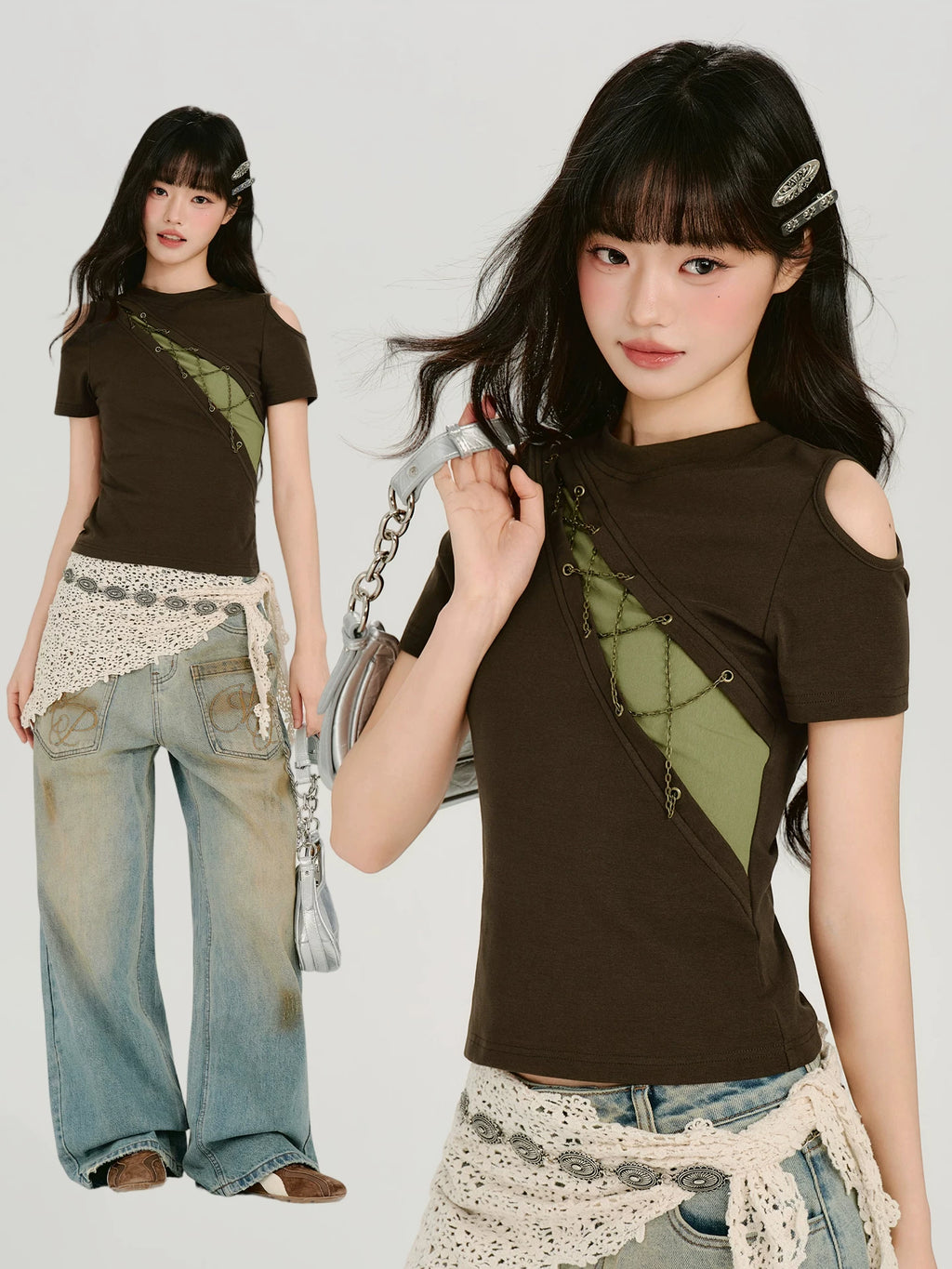 Girlyhalo Vintage Fake Two Piece Splicing Off-Shoulder Slim Tee