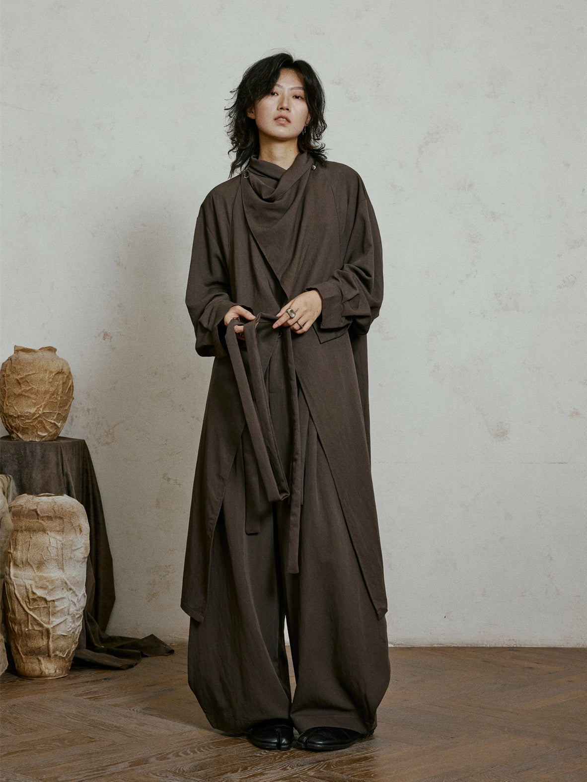 SUNYVONNE Cross-neck One-button Trench Coat