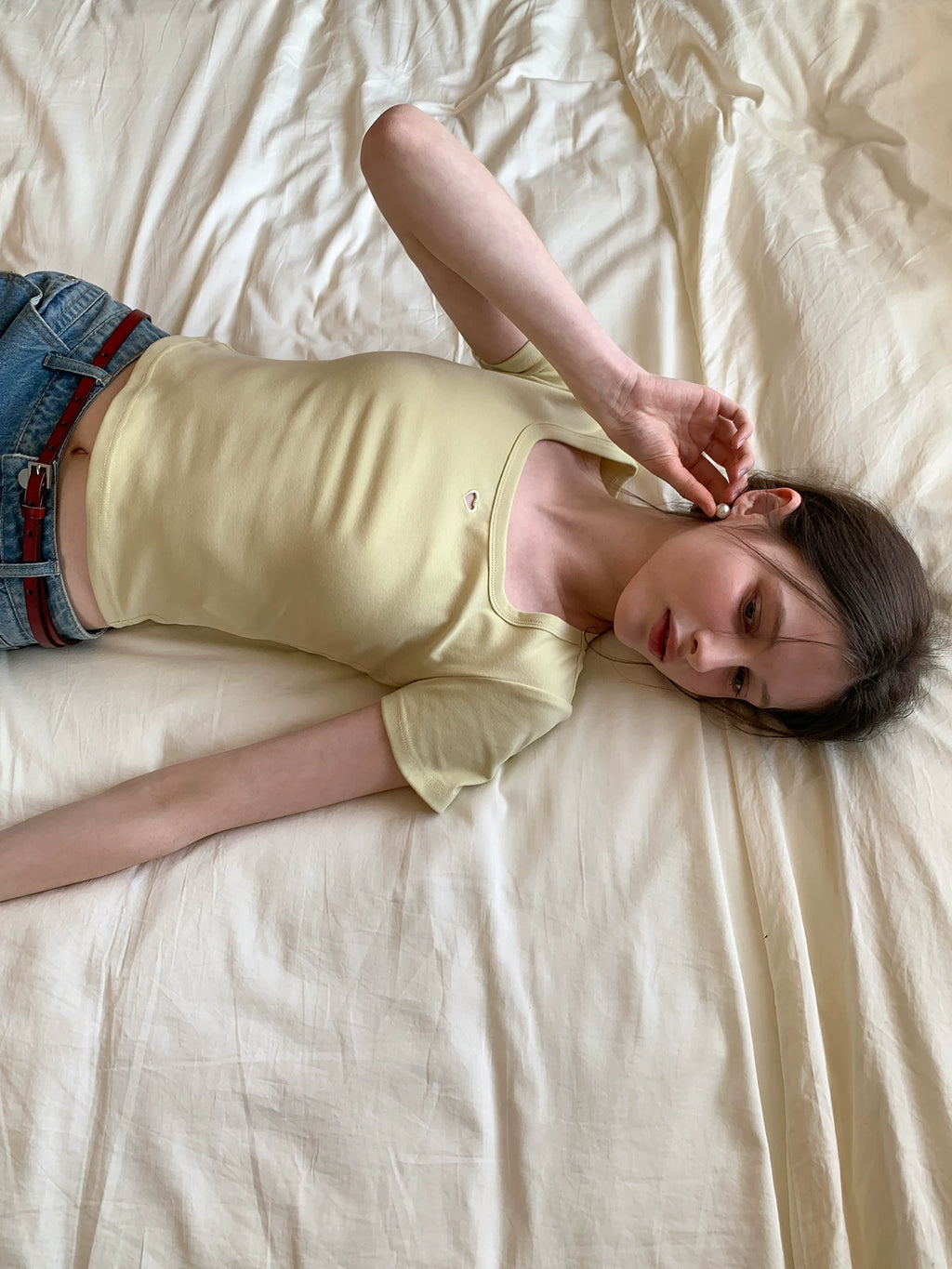 EGGKA Hollow Love Square Collar Straight Shoulder Tee