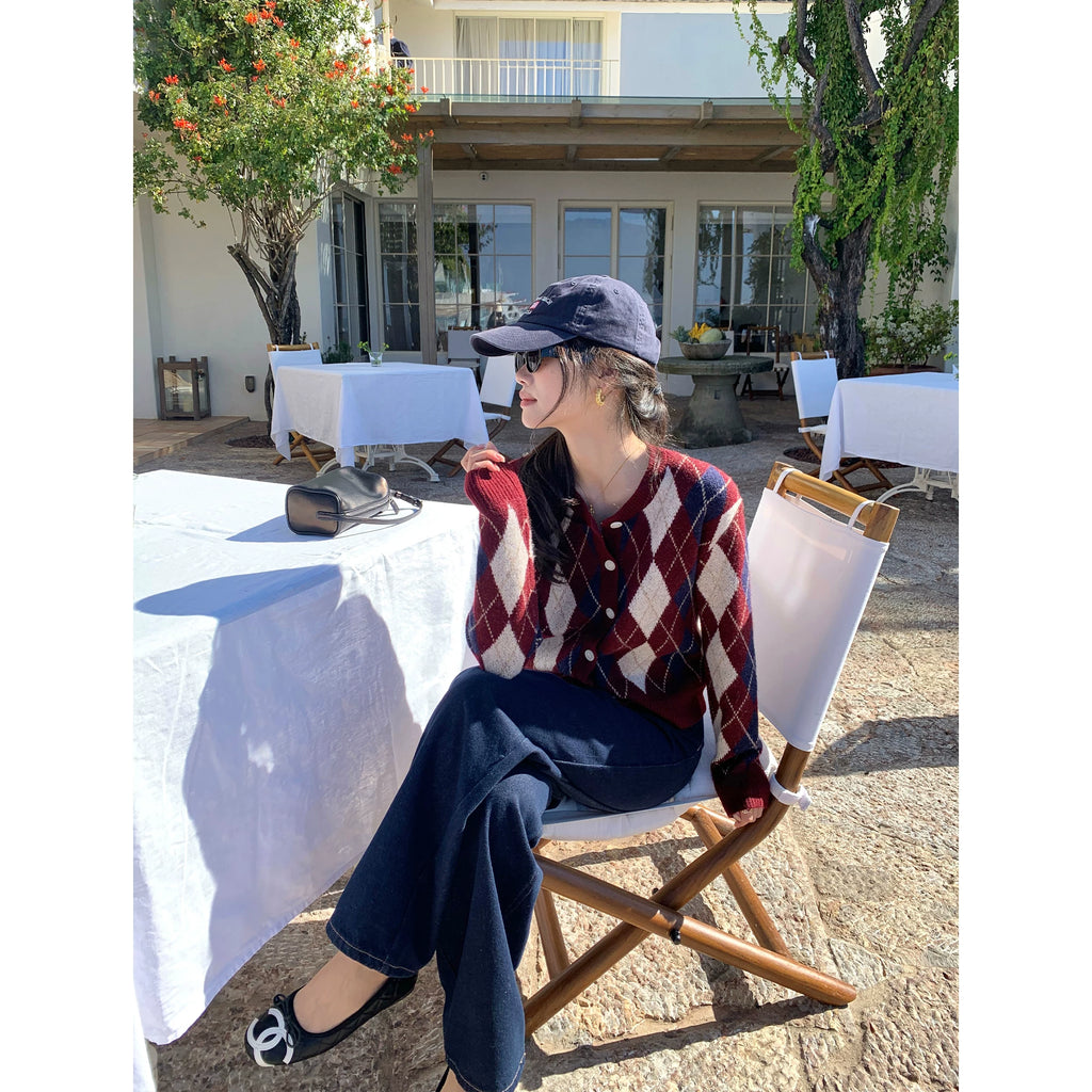 Pusumede Vintage Rhombus Crew Neck Knitted Jacket