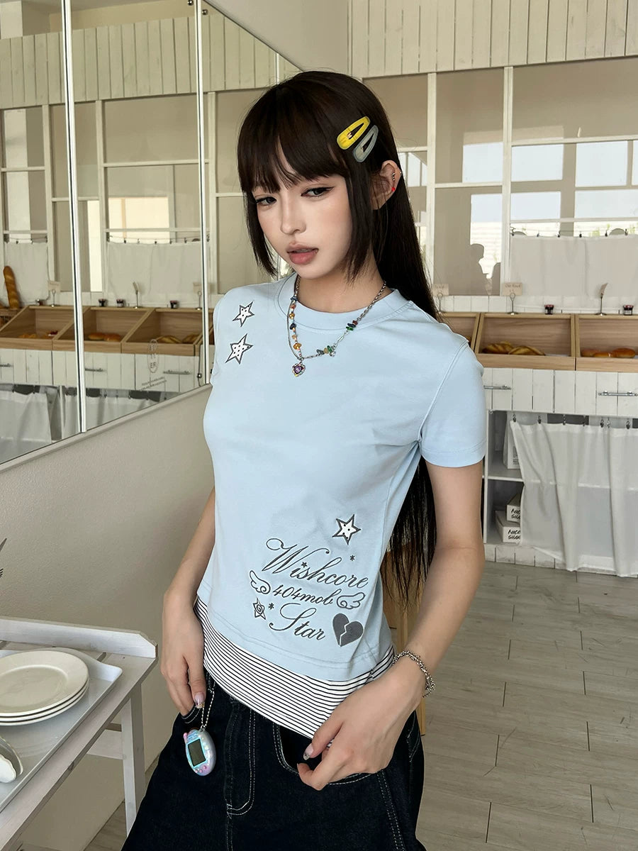 404MOB Crew Neck Striped Embroidered Slim Tee