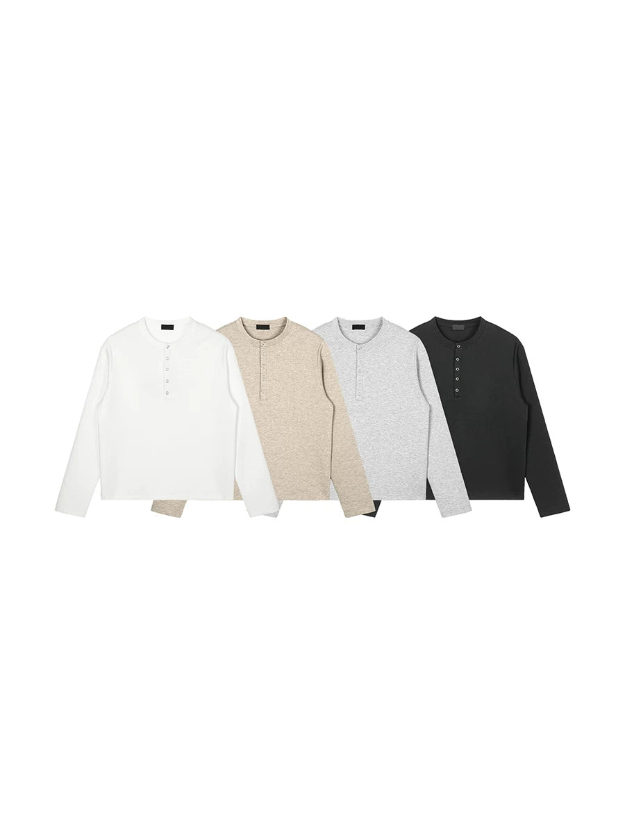 PLUS NO LOGO 370g Breathable Cloud Cotton Henley Long-Sleeve Tee