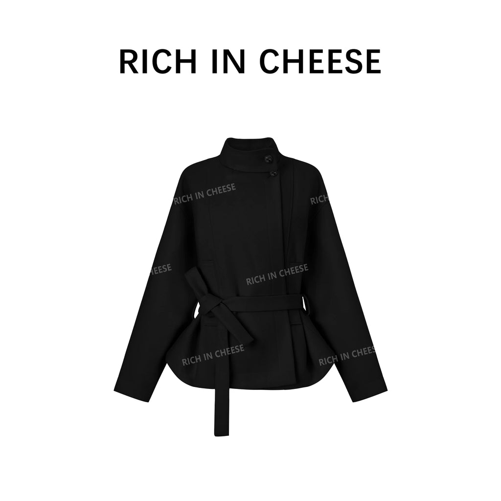 RICH IN CHEESE Small Stand-up Collar Waist Casual Versatile Short Woolen