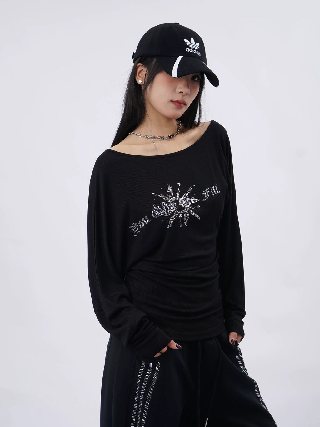 SAMUSAN Letter Hot Diamond Slash Shoulder Long Sleeve